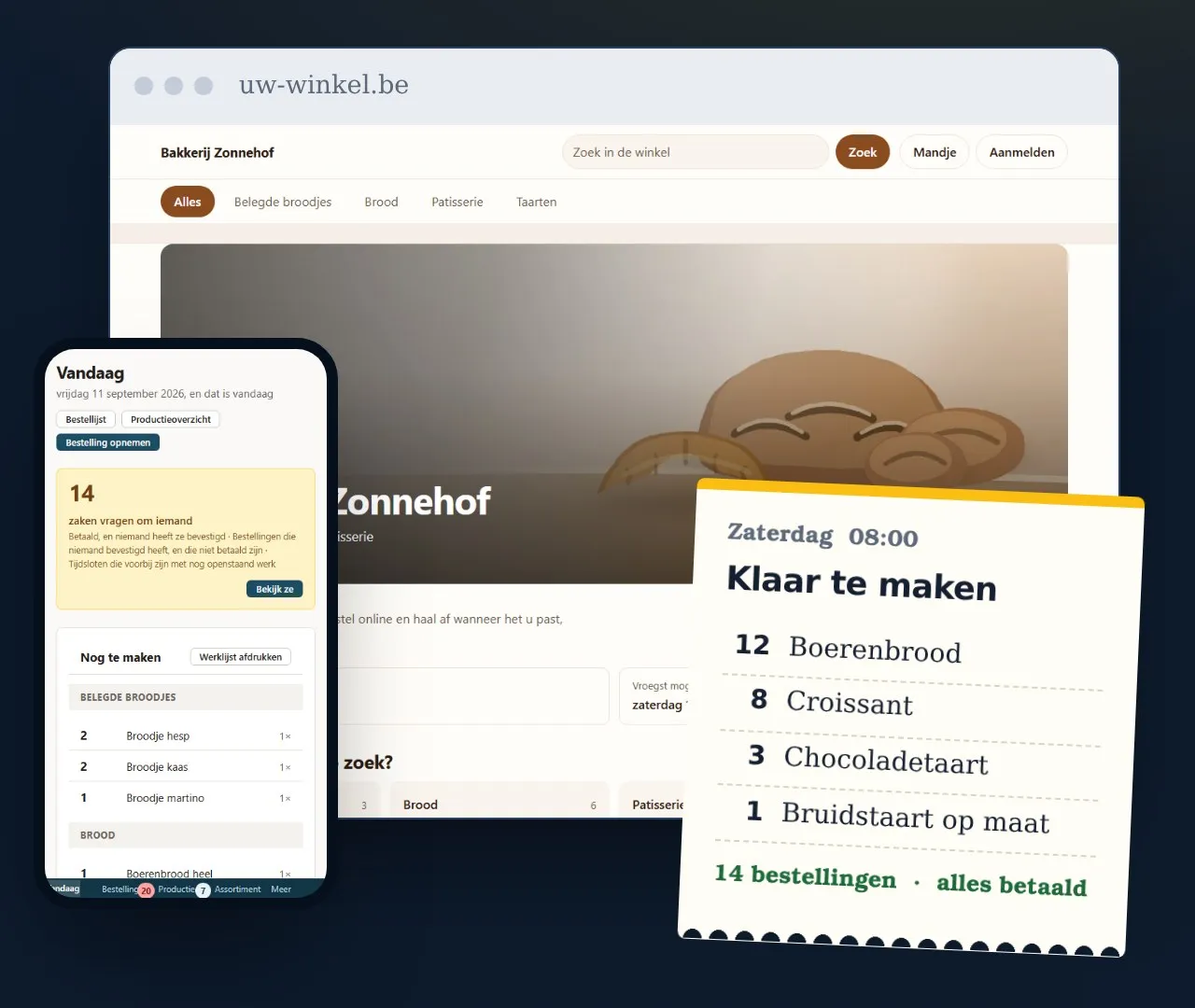 Shopdesk: de webshop van een bakkerij, het dagscherm op een smartphone en de lijst met wat er klaar moet