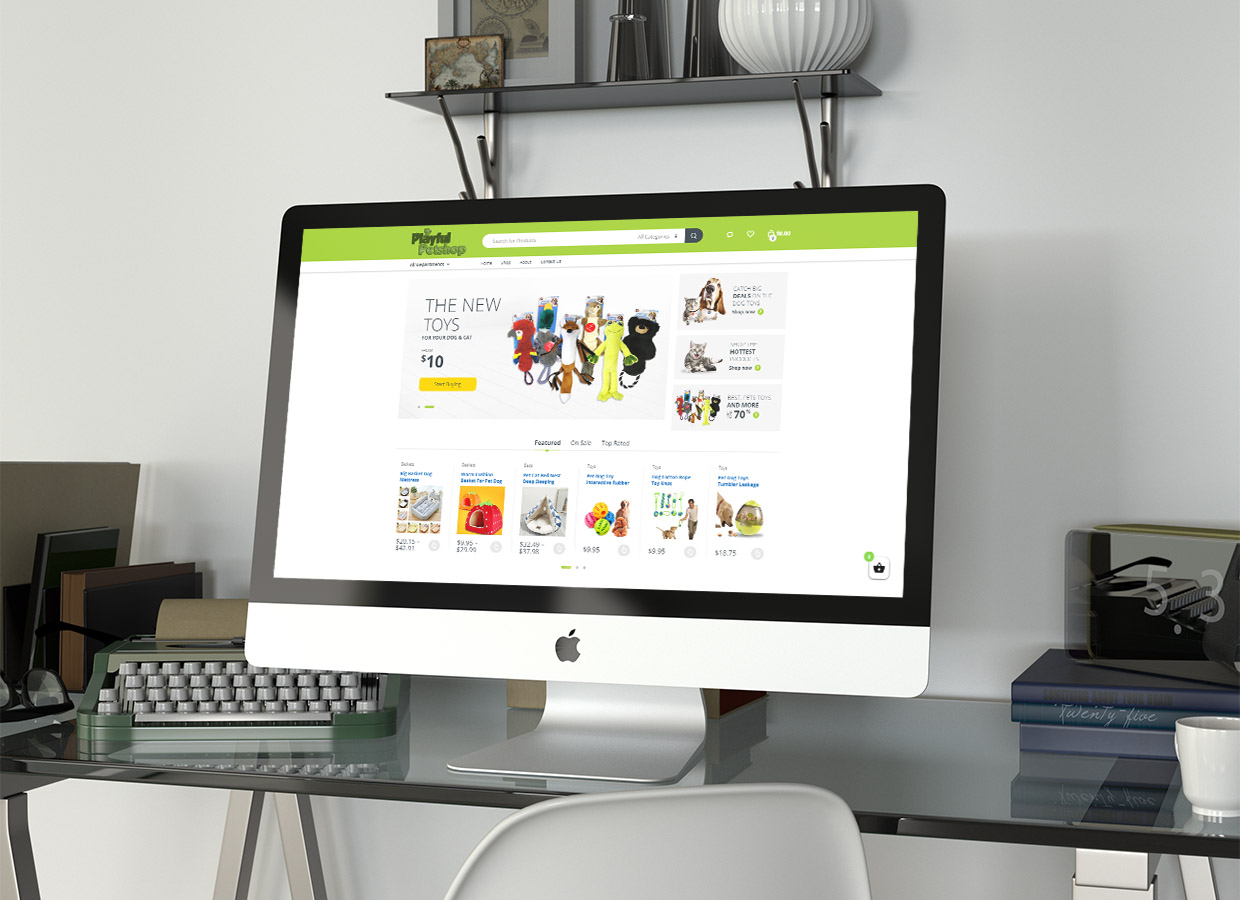 Una tienda online de artículos para mascotas en una pantalla de escritorio, con productos destacados y categorías.