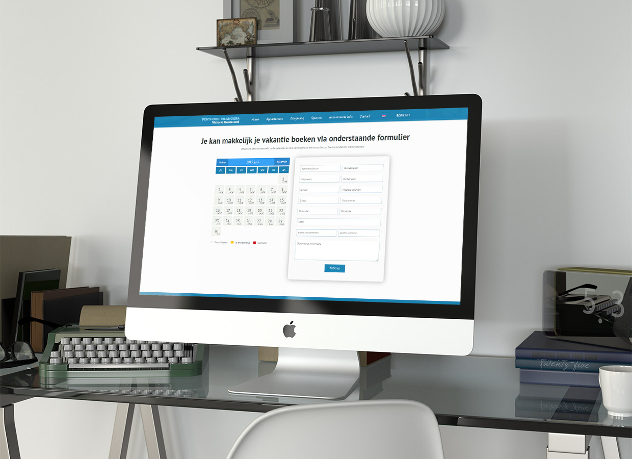 Een boekingsformulier met beschikbaarheidskalender op de site van Penthouse Vilamoura, op een desktopscherm.