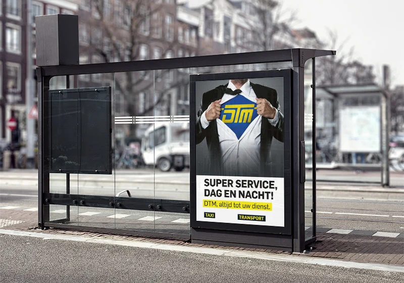 DTM Taxi poster in a bus shelter: Super service, day and night!