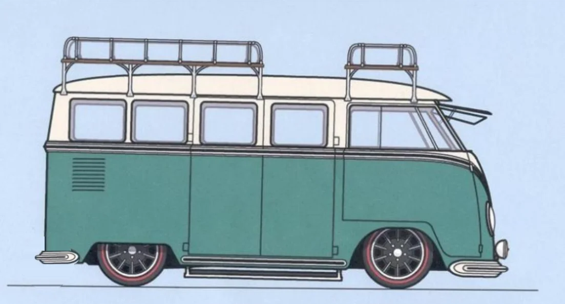 Imagen de referencia aportada por el cliente: una furgoneta Volkswagen retro en verde y crema