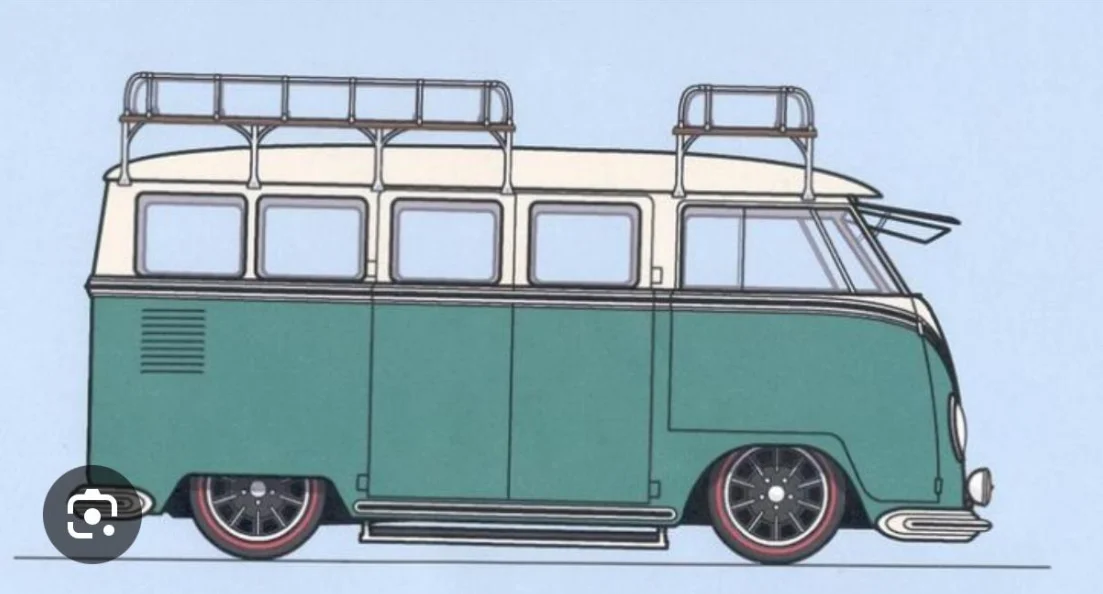 Referentiebeeld aangeleverd door de klant: een retro Volkswagen-busje in groen en crème
