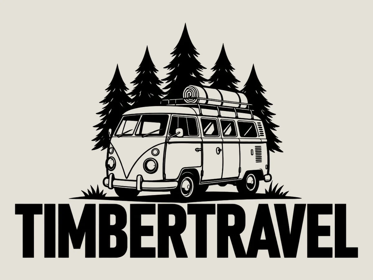 Final Timbertravel logo in black and white: camper van with luggage on the roof, pine trees and the wordmark