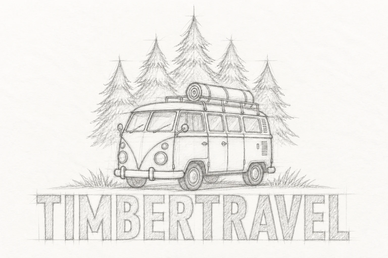 Eerste potloodschets van het Timbertravel-logo: een klassieke camper voor dennenbomen met het woord Timbertravel