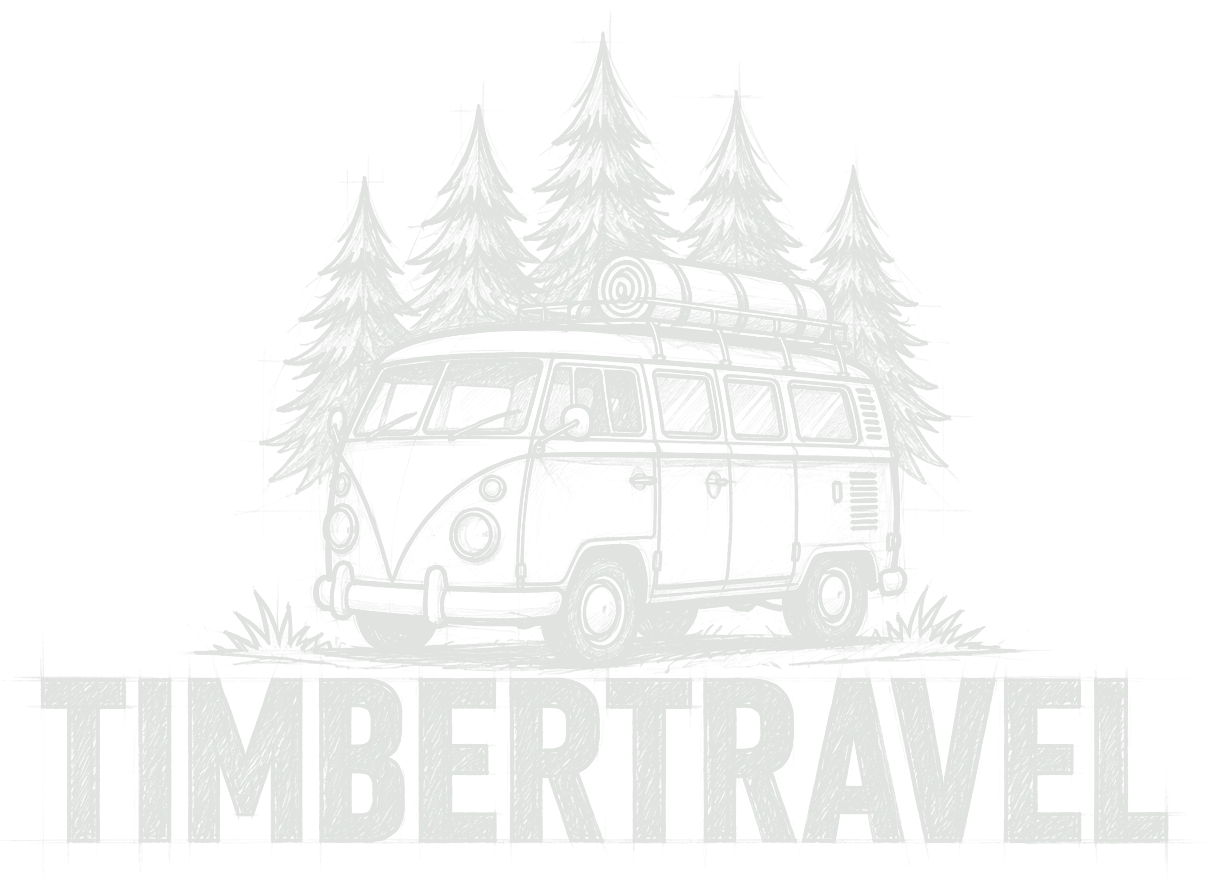 Boceto a lápiz del logotipo de Timbertravel: furgoneta camper, abetos y el nombre, con líneas de construcción