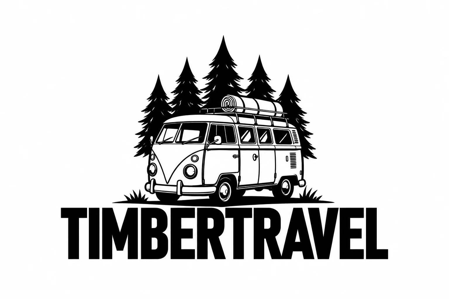 Definitief Timbertravel-logo in zwart-wit: camper met bagage op het dak, dennenbomen en het woordbeeld