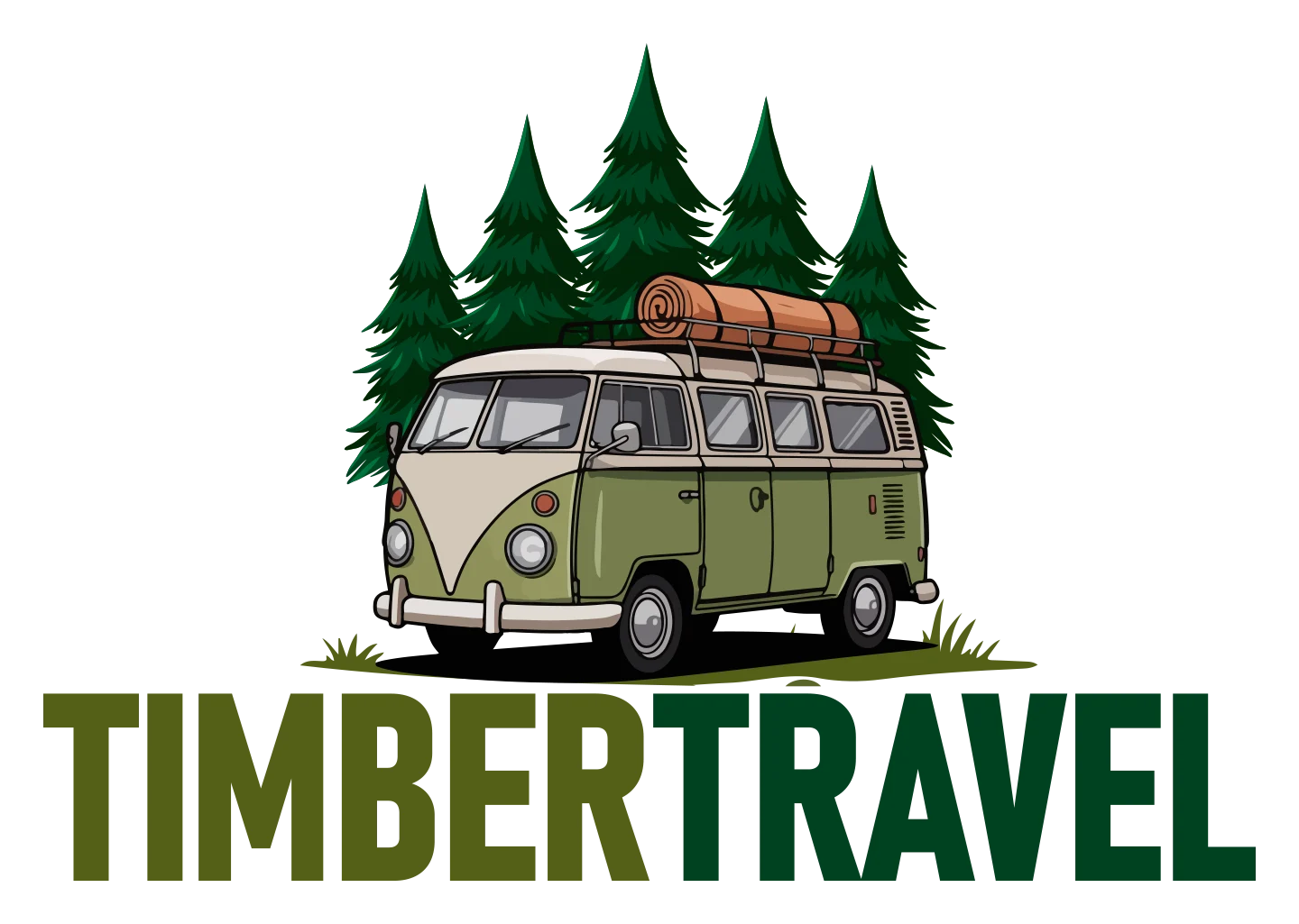 Definitief Timbertravel-logo in kleur: een groene camper voor dennenbomen met het woordbeeld in groentinten