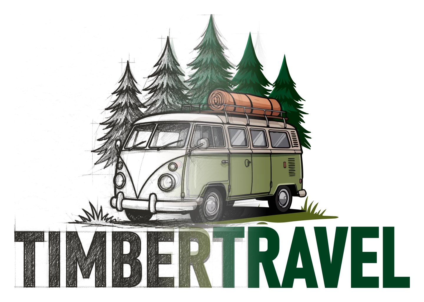 Pencil sketch of the Timbertravel logo: a camper van, pine trees and the wordmark, with construction lines