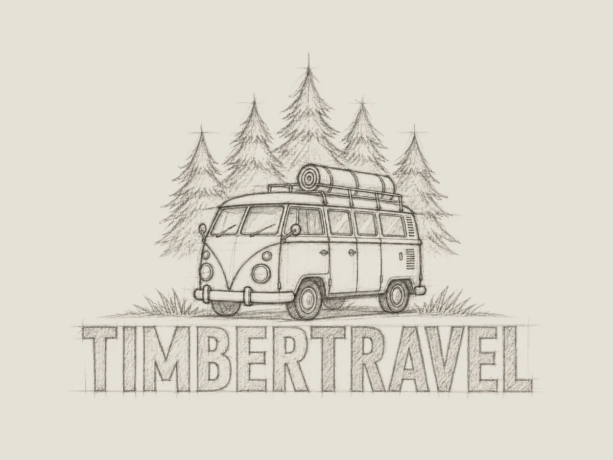 Primer boceto a lápiz del logotipo de Timbertravel: una furgoneta camper clásica delante de unos abetos, con la palabra Timbertravel