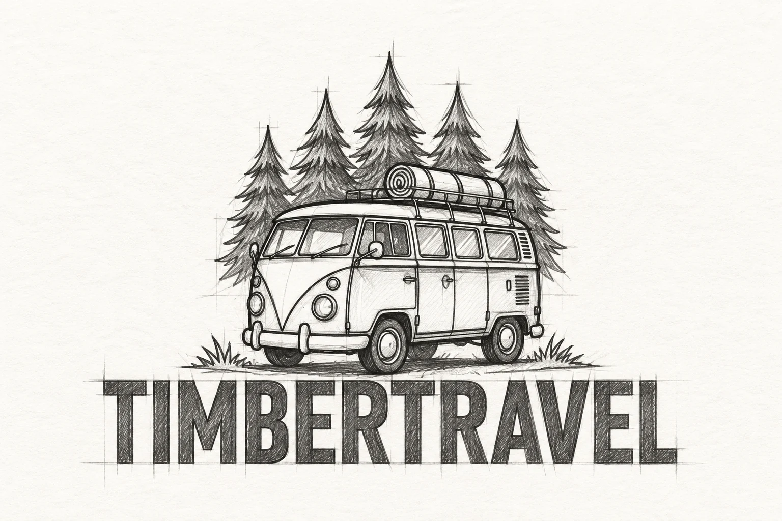 Verfijnde potloodtekening van het Timbertravel-logo met meer detail in camper, bomen en letters
