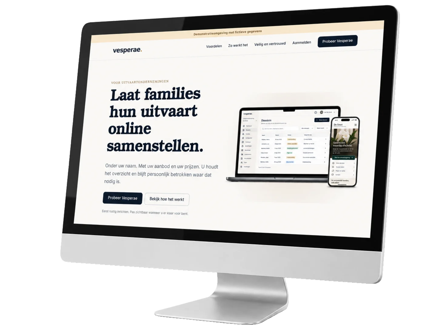 Vesperae, a white-label platform for funeral directors, in a browser and on a smartphone