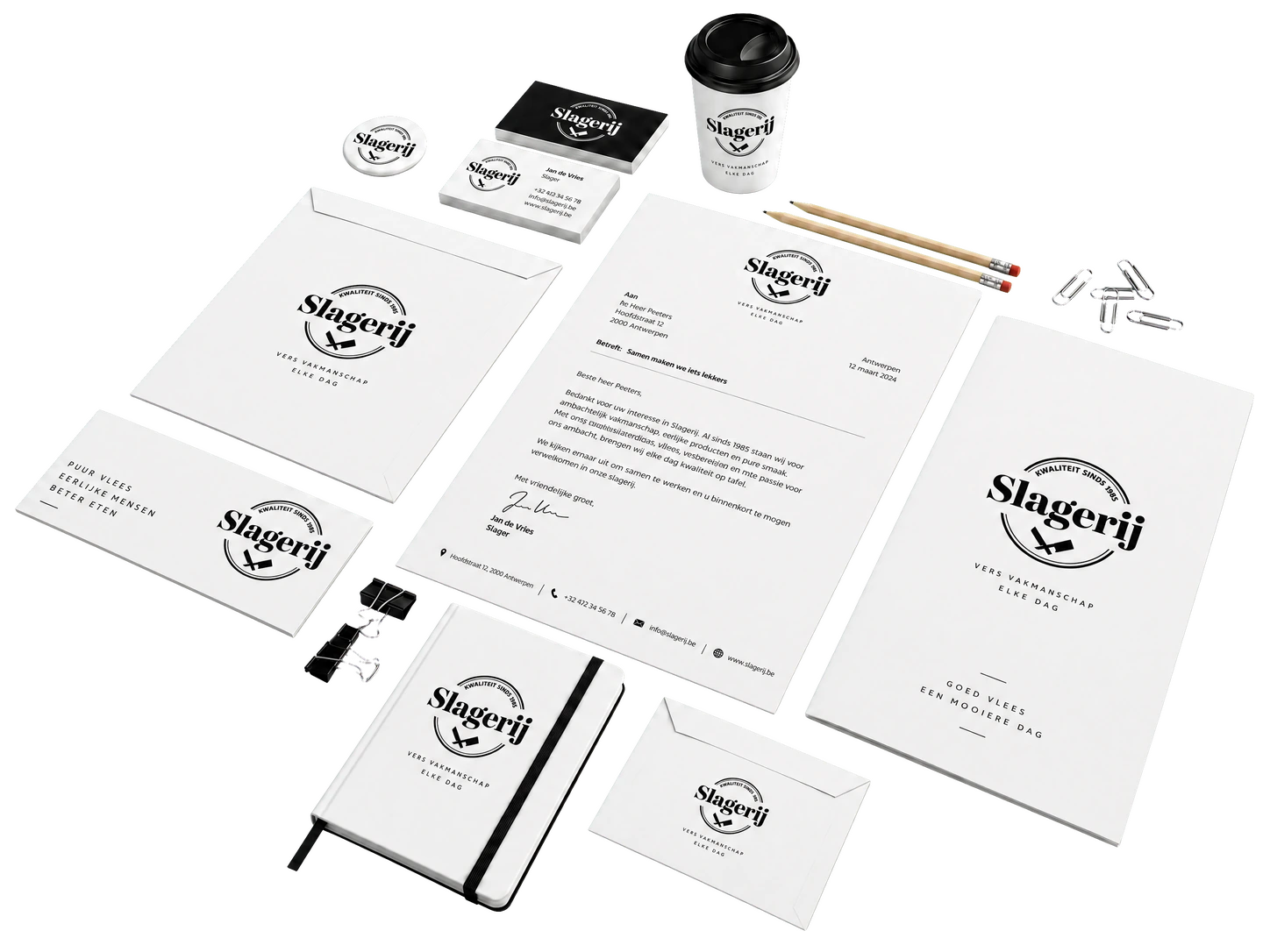 Identidad de marca para Slagerij: papel membretado, sobres, cuaderno, tarjetas de visita y una taza con el logotipo